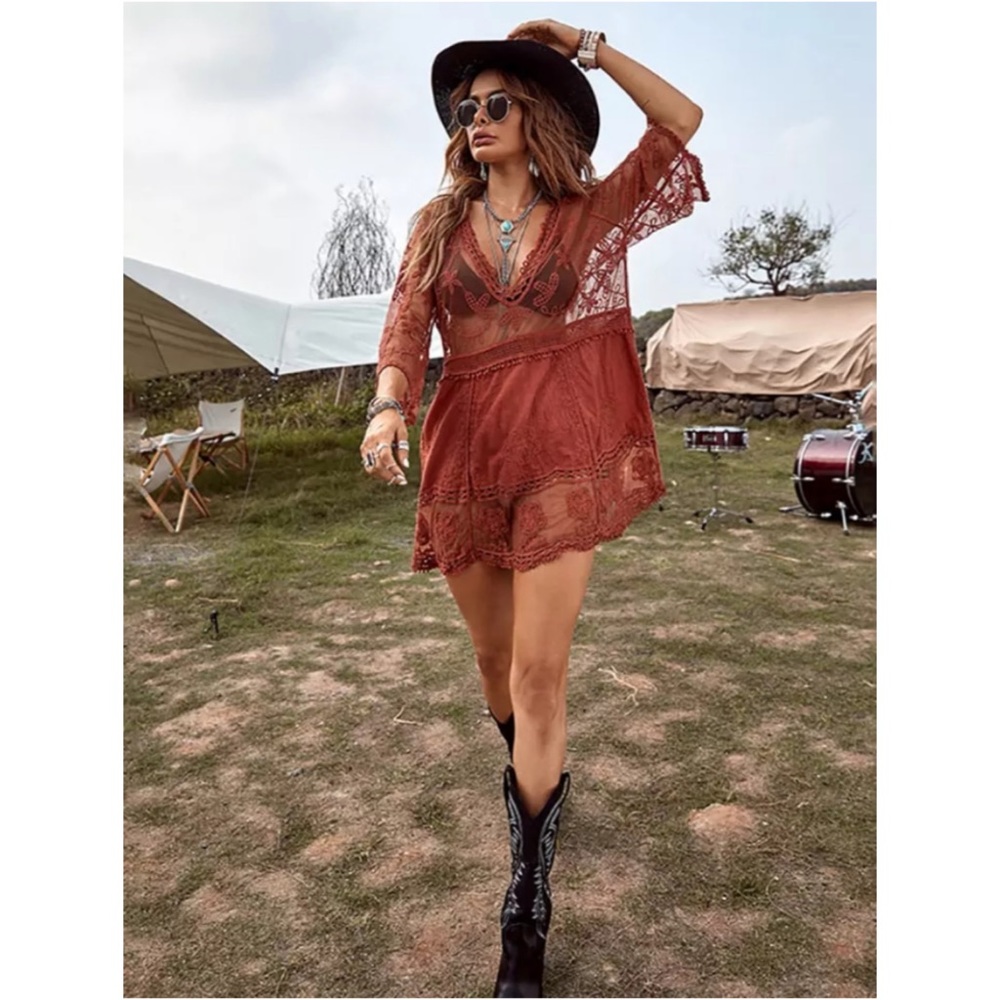 New Bohemian V Neck Crochet Mesh Dress - Picture 2 of 8